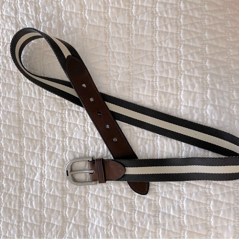 COACH Mens Webbing Belt Size 36 Woven Natural Leather Brown Silver Buckle